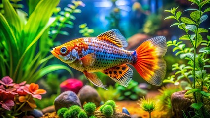 A colorful freshwater fish swims happily in a modern aquarium, surrounded by lush green aquatic plants and decorative ornaments in a cozy home setting.