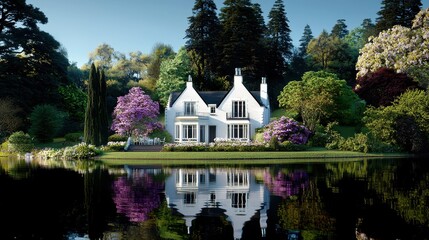 Obraz premium A tranquil house surrounded by vibrant gardens and trees, reflecting beautifully on the calm surface of a serene lake.