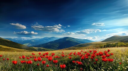 A vibrant landscape featuring red flowers in a lush meadow, surrounded by majestic mountains under a clear blue sky.