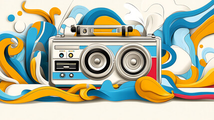 Obraz premium 9. An exaggerated comic book style illustration of a retro boombox, with vibrant sound waves and bold outlines 