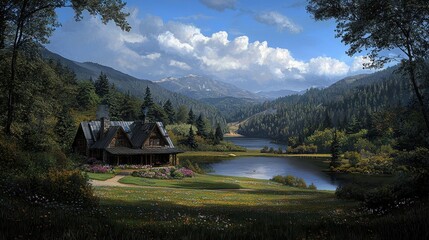 Obraz premium Tranquil landscape featuring a serene lake, mountains, and a quaint cottage surrounded by lush greenery and picturesque clouds.