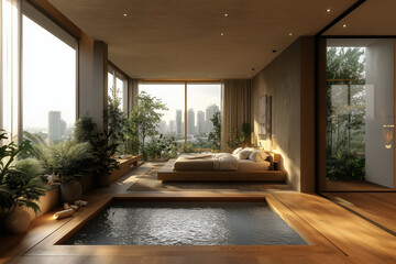 Fototapeta premium Urban Serenity : A Tranquil Bedroom Oasis (Generative AI)