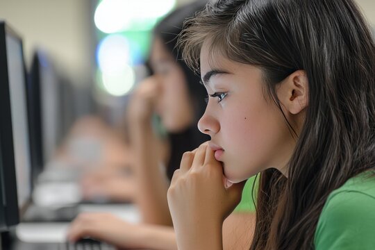 High school students at a computer lab, typing on keyboards and focused on their screens
