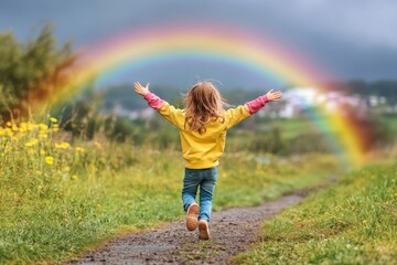 A child jumps in front of a rainbow, making it look like they are holding the rainbow © siripimon2525
