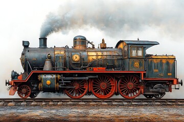Naklejka premium An old steam locomotive emits dense smoke, showcasing its vintage design and vibrant colors ideal for use in transportation-themed educational materials or historical content,