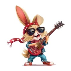 Fototapeta premium Cool Rocker Bunny: Playful Rabbit with Guitar in Leather Jacket and Sunglasses