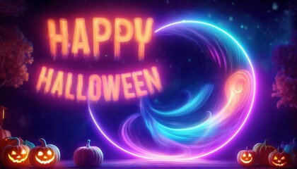 Vibrant Halloween scene featuring glowing pumpkins and a colorful, illuminated text saying 'Happy Halloween'.