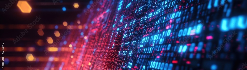 Poster Binary Code Display with Red and Blue Glowing Lights