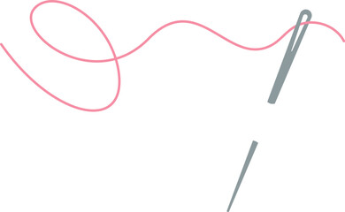 Embroidery needle and thread logo, flat sewing supplies illustration, doodle dressmaking accessories element, hand drawn embroidery tool design, cartoon tailor decoration object,