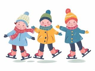 Fototapeta premium Child skates in the winter simple illustration. AI generated