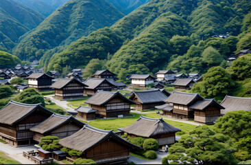 日本のかやぶき屋根の街並み