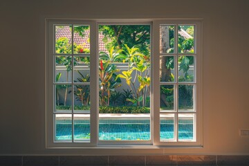 Window View of a Tropical Backyard with Pool