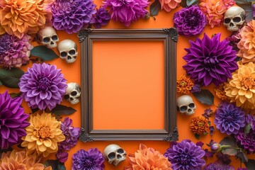 big golden baroque empty frame with lots of purple and gold dahlia flowers, gold skulls in the corners surrounding an empty picture frame 