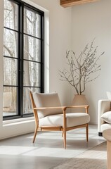 Fototapeta premium Cozy Modern Living Room With Natural Light and Minimalist Decor