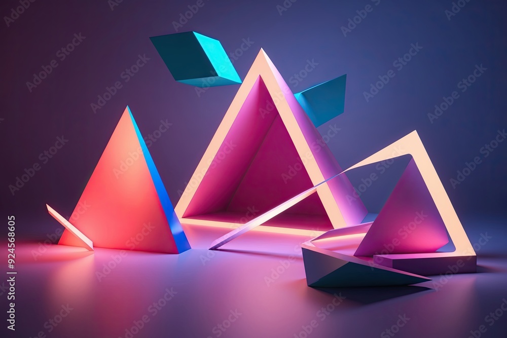 Poster vibrant 3d visualization of geometric figures with dynamic illumination and contemporary design