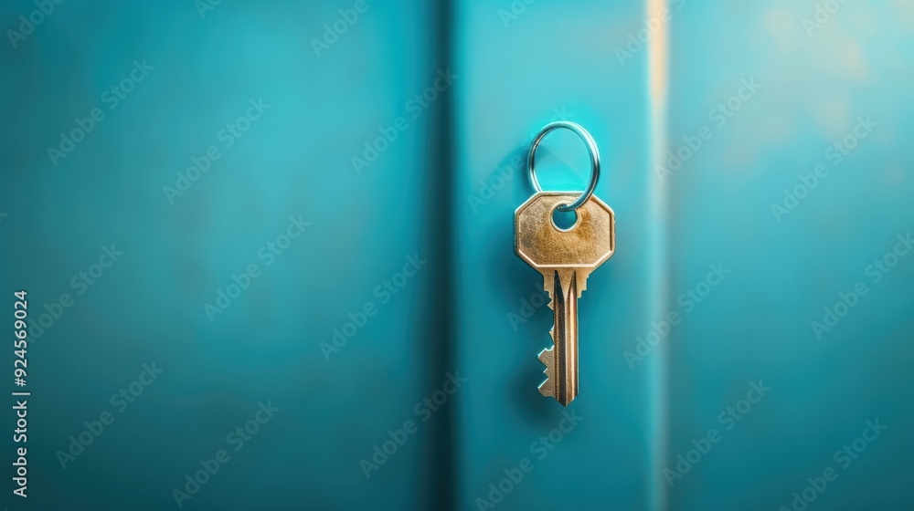 Poster a detailed image of an office key inserted into a commercial door lock, symbolizing entry and secure