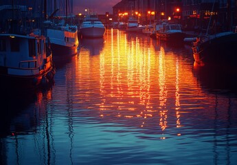 Fototapeta premium Early morning sunrise over the harbor with soft, warm light illuminating the water and creating vibrant reflections on the surface