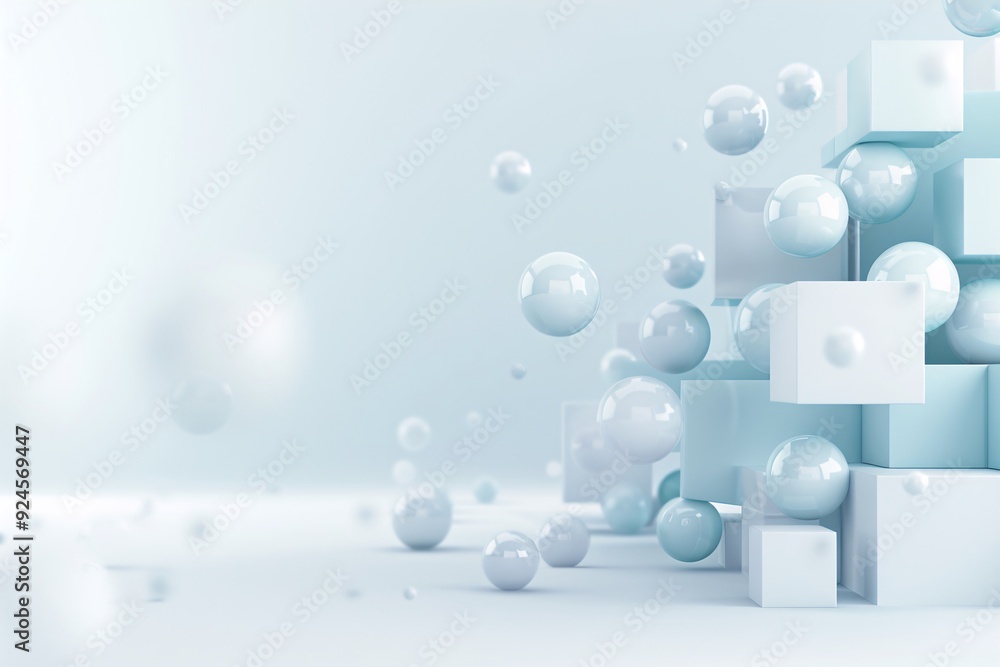 Poster an abstract 3d background with floating cubes and spheres, arranged to create a sense of depth and d