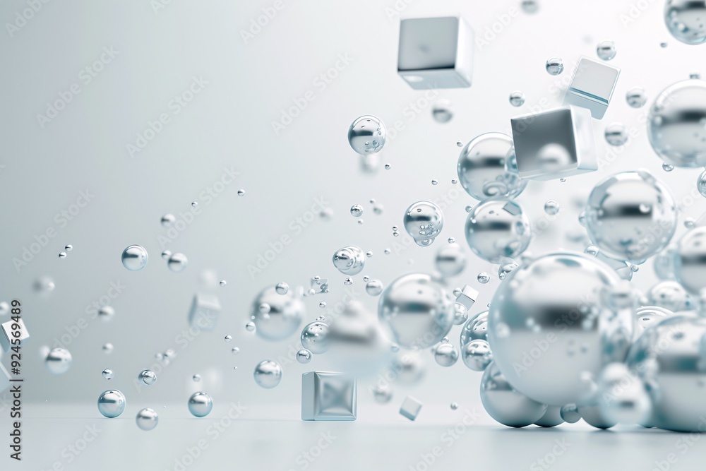 Poster an abstract 3d background with floating cubes and spheres, arranged to create a sense of depth and d