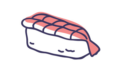 Nigiri, sushi topped with shrimp slice on rice. Traditional Japanese cuisine, food with fresh prawn. Delicious Asian Japan seafood, eating. Flat vector illustration isolated on white background