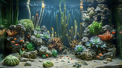 Obraz premium A tranquil desert oasis aquarium featuring a sandy bottom, scattered cacti, and colorful desert fish. The scene is illuminated by gentle, natural light, enhancing the serene atmosphere.