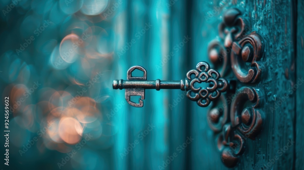 Poster a close-up shot of an old-fashioned key inserted into a rustic door lock, with the door slightly ope
