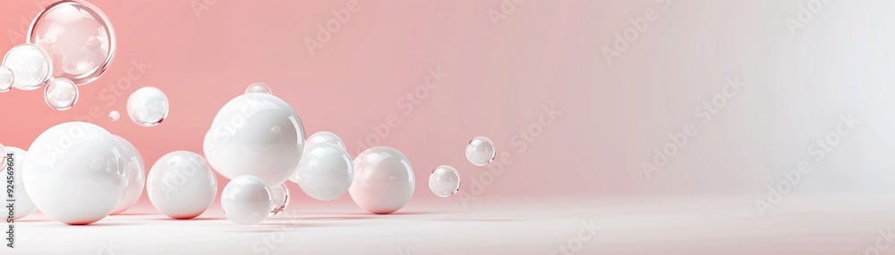 Poster a minimalistic 3d scene with floating, semi-transparent spheres against a gradient background. the i