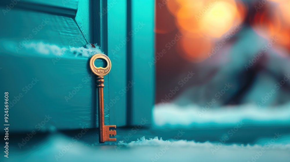 Poster an atmospheric image capturing a key lying beside a partially open door, suggesting a moment of deci
