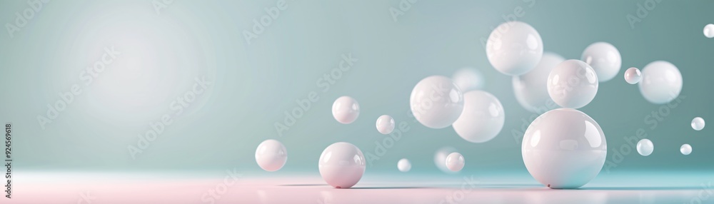 Poster a minimalistic 3d scene with floating, semi-transparent spheres against a gradient background. the i