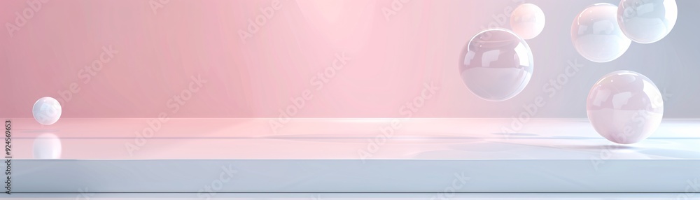 Poster a minimalistic 3d scene with floating, semi-transparent spheres against a gradient background. the i