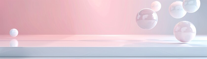Obraz premium A minimalistic 3D scene with floating, semi-transparent spheres against a gradient background. The image provides generous copy space at the bottom.