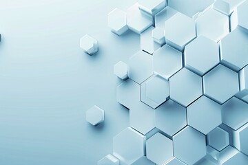 A 3D background with interlocking hexagonal patterns, creating a sense of complexity and structure. Ample copy space is included on the right side.