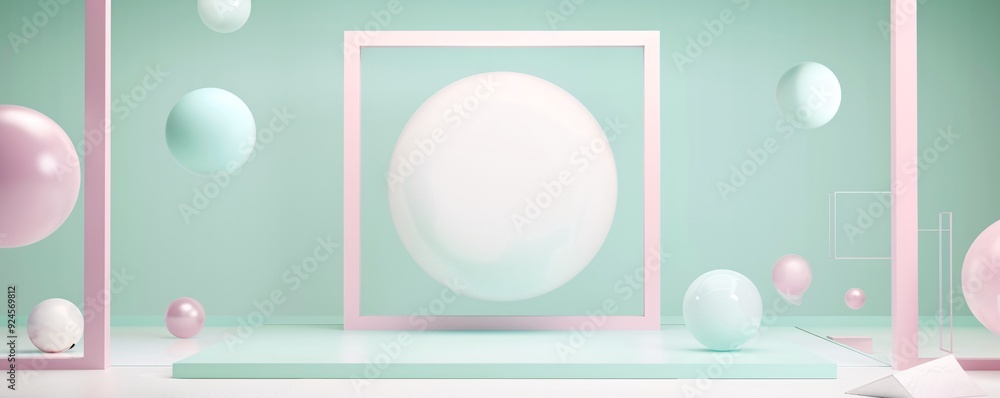 Poster an abstract 3d scene with floating geometric shapes and a soft gradient background. ample copy space
