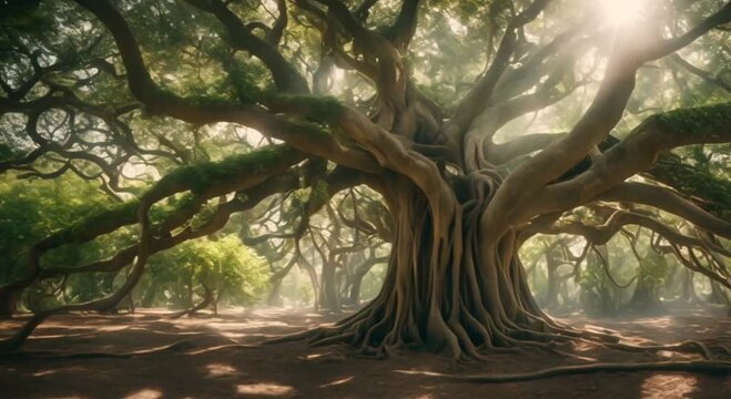 view from below of an old and large banyan tree with sunlight in the background