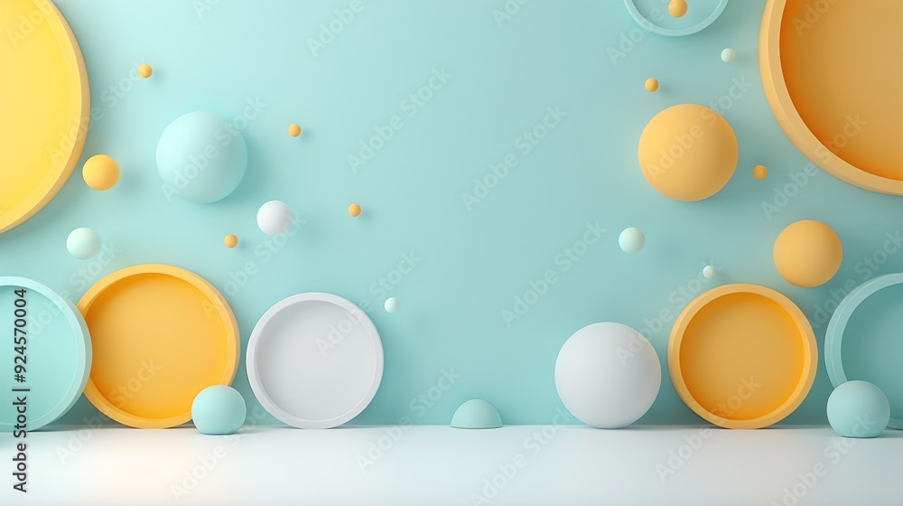 Poster a vibrant 3d scene with overlapping circular forms and dynamic colors, evoking a sense of depth. the
