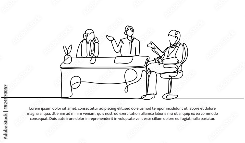 Poster continuous one line design of have a discussion together. minimalist style vector illustration on wh