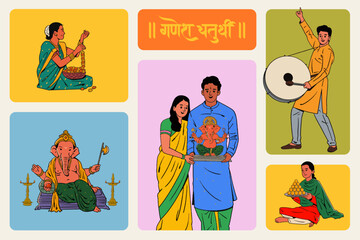 Ganesh Chaturthi Marathi, Hindi calligraphy Means "Ganesh Chaturthi" with Ganesha editable hand-drawn vector illustration, traditional festive elements, and Indian people vectors. 