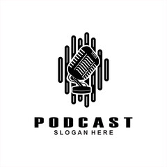 Podcast with microphone. Unique business podcast logo emblem design template.