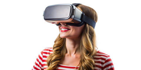 Portrait of American woman using virtual reality headset, isolated on transparent background