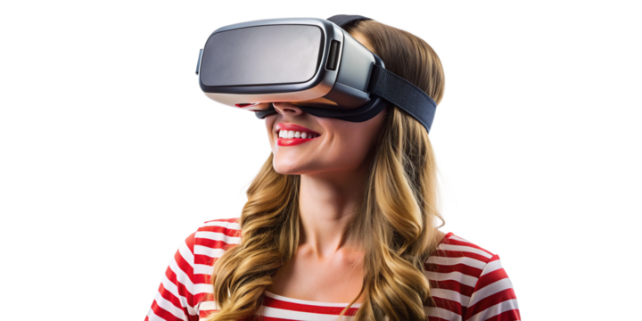 Portrait of American woman using virtual reality headset, isolated on transparent background
