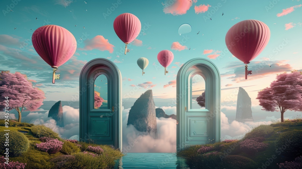 Poster an artistic representation of a surreal landscape where oversized keys float in the sky above surrea