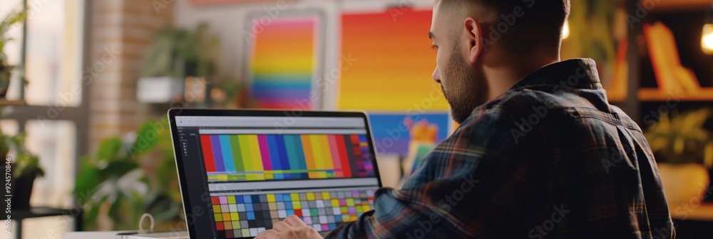 Fototapete a professional graphic designer viewed from behind, engrossed in work, adjusting vibrant colors on a