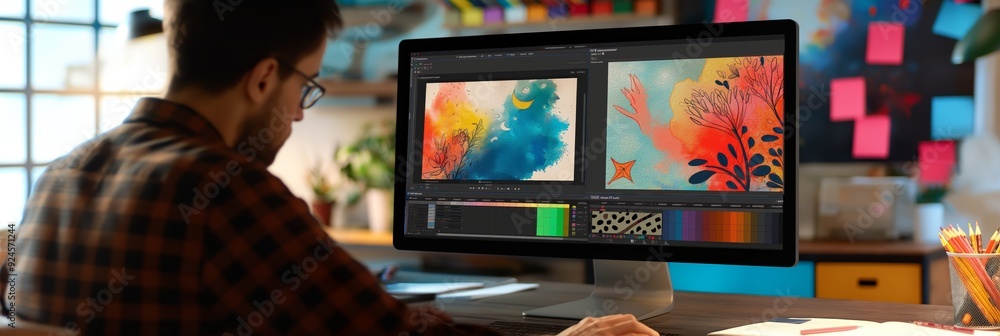 Poster a designer working on a vibrant and colorful digital illustration on a large monitor in a creative s