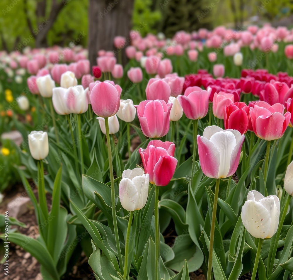 Sticker Colorful Tulip Field in Springtime at Local Botanical Garden