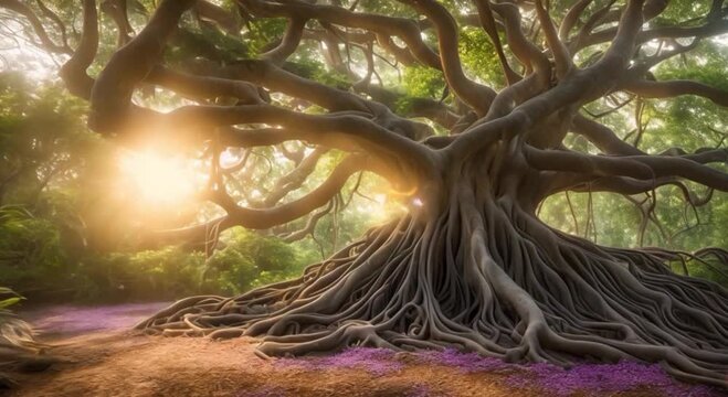view from below of an old and large banyan tree with sunlight in the background
