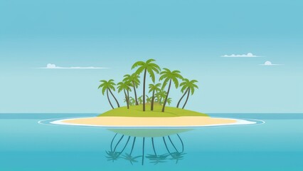 Fototapeta premium A tranquil tropical island with palm trees surrounded by clear blue ocean waters, under a bright blue sky with fluffy clouds and flying seagulls