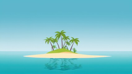 Obraz premium A tranquil tropical island with palm trees surrounded by clear blue ocean waters, under a bright blue sky with fluffy clouds and flying seagulls