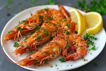 A delicious plate of grilled shrimp garnished with herbs and lemon slices.