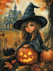 Illustration A cute little girl dressed as a witch, sitting on the ground with pumpkins and Halloween decorations around her, wearing a black hat, big eyes,