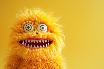This vibrant and quirky yellow furry monster puppet with large eyes and sharp teeth brings humor and fun to marketing campaigns.